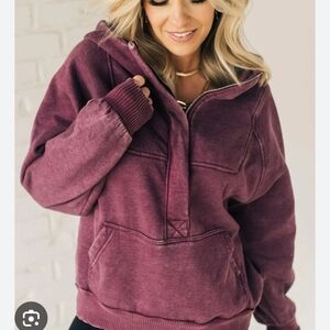 Zenana Henley Acid Wash Half Zip Fleece Hoodie Eggplant